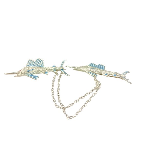 Vintage Swordfish Sweater Clip Brooch With Chain Silver & Blue Enamel Nautical - Picture 2 of 3